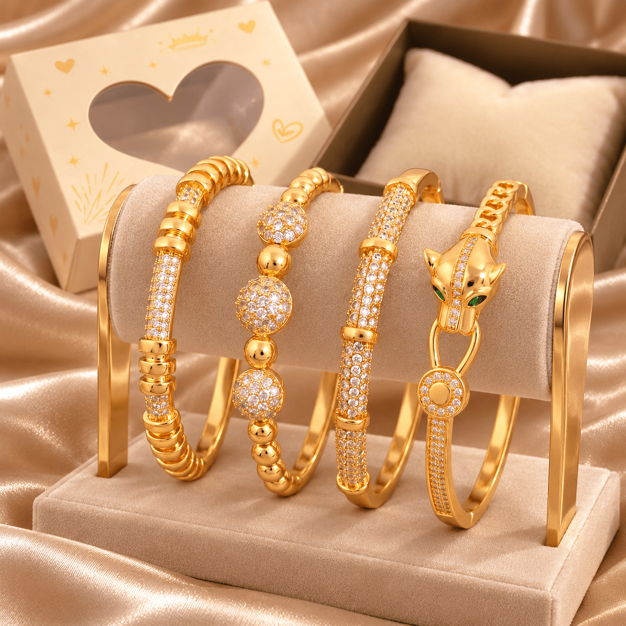 Trendy Women's 4pc Bracelet Set, Leopard Head Design